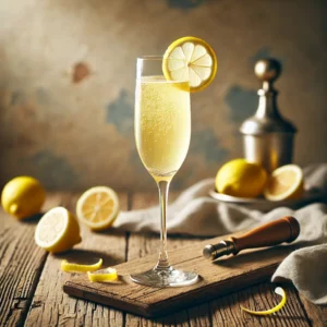 Soixante Neuf cocktail met een bleke gouden tint, geserveerd in een champagneflûte, gegarneerd met een dun schijfje citroen, op een rustieke houten tafel met verspreide citroenschijfjes.