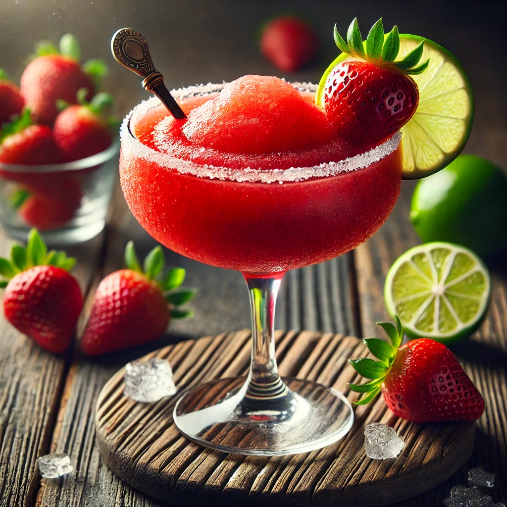 Strawberry Daiquiri met een rijke rode slushy textuur, geserveerd in een gekoeld coupeglas, gegarneerd met een verse aardbei, een limoenschijfje en een elegante stirrer, op een rustieke houten tafel met verse aardbeien, limoenpartjes en gemalen ijs.