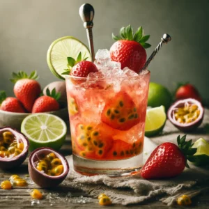 Strawberry & Passionfruit cocktail in een laag glas met gemalen ijs, een laagje aardbeien, passievrucht en limoen op de bodem, gegarneerd met een limoenschijfje, een rietje en een stirrer, op een rustieke houten tafel met verse aardbeien, passievrucht en limoenschijfjes.