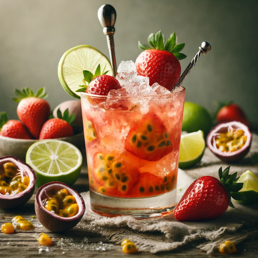 Strawberry & Passionfruit cocktail in een laag glas met gemalen ijs, een laagje aardbeien, passievrucht en limoen op de bodem, gegarneerd met een limoenschijfje, een rietje en een stirrer, op een rustieke houten tafel met verse aardbeien, passievrucht en limoenschijfjes.