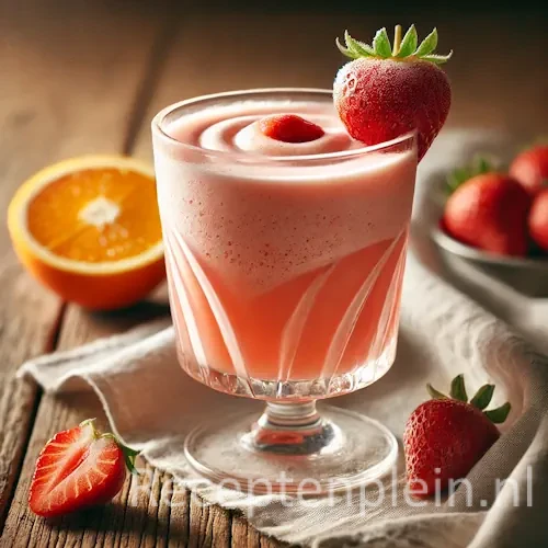 strawberry samba mocktail op een rustieke houten tafel.