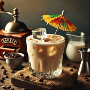 Surfers cocktail met een romige lichtbeige kleur, geserveerd in een stijlvol glas gevuld met ijsblokjes, gegarneerd met een kleurrijk cocktailparapluutje, op een rustieke houten tafel met verspreide koffiebonen en een schaaltje melk.