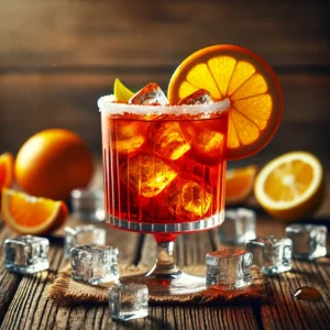ampico cocktail met een rijke oranje-rode kleur, geserveerd in een hoog glas gevuld met ijsblokjes, gegarneerd met een sinaasappelschijfje, op een rustieke houten tafel met sinaasappel- en citroenschijfjes en ijsblokjes.