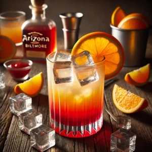 Arizona Biltmore cocktail met een gelaagde rood-oranje kleur, geserveerd in een hoog glas gevuld met ijsblokjes, gegarneerd met een schijfje sinaasappel, op een rustieke houten tafel met verspreide sinaasappelschijfjes en ijsblokjes.