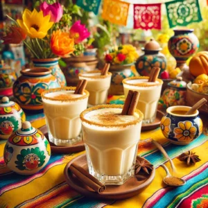 Een feestelijke Mexicaans geïnspireerde presentatie van 'Kandeel', een traditionele Nederlandse drank, geserveerd in elegante glazen met een romige, gouden textuur. De glazen staan op een kleurrijk Mexicaans tafelkleed, omringd door decoratieve elementen zoals felgekleurde bloemen, kleine kleipotjes en traditionele Mexicaanse accenten. De warme, uitnodigende sfeer wordt versterkt door zacht natuurlijk licht.