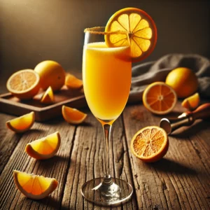 Valencia Smile cocktail met een rijke gouden-oranje kleur, geserveerd in een champagneflûte, gegarneerd met een dun schijfje citroen, op een rustieke houten tafel met verspreide sinaasappel- en citroenschijfjes.