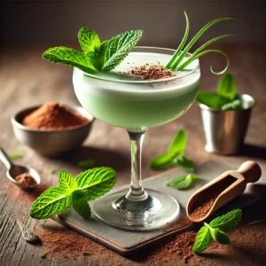 Grasshopper cocktail met een romige pastelgroene kleur, geserveerd in een gekoeld coupeglas, gegarneerd met een sprietje gras of verse munt, op een rustieke houten tafel met cacaopoeder, muntblaadjes en een schaaltje room.