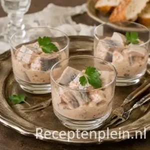 Voorafje met haring recept op een rustieke houten tafel