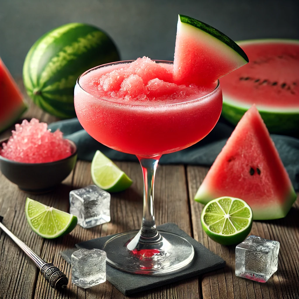 Watermelon Daiquiri met een helderroze slushy textuur, geserveerd in een gekoeld coupeglas, gegarneerd met een verse watermeloenpartje, een limoenschijfje en een elegante stirrer, op een rustieke houten tafel met watermeloenstukjes, limoenpartjes en gemalen ijs.