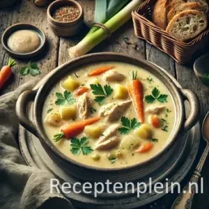 Hyper-realistische foodfoto van Waterzooie van Kieken met malse stukken kip in een romige lichte bouillon met wortel, prei, selder en aardappelen, afgewerkt met verse peterselie. Het gerecht wordt geserveerd in een diepe rustieke keramische kom op een houten tafel, met een mandje knapperig brood, een linnen doek en een lepel in warm natuurlijk daglicht met een gezellige Belgische hoevesfeer en premium food magazine uitstraling.