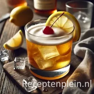 Whiskey sour cocktail op een rustieke houten tafel.