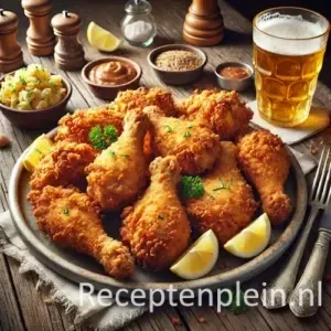 Hyperrealistische foodfoto van Wiener Backhuhn met goudbruin krokant gefrituurde kipstukken op een rustiek keramisch bord, geserveerd met citroenpartjes en peterselie op een verweerde houten tafel, met aardappelsalade, linnen servet en een glas bier in warm natuurlijk daglicht.