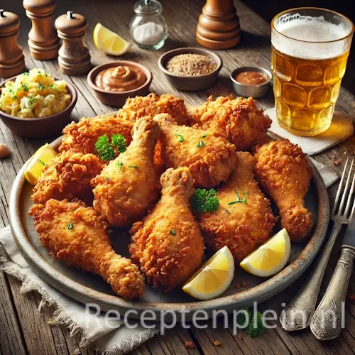 Hyperrealistische foodfoto van Wiener Backhuhn met goudbruin krokant gefrituurde kipstukken op een rustiek keramisch bord, geserveerd met citroenpartjes en peterselie op een verweerde houten tafel, met aardappelsalade, linnen servet en een glas bier in warm natuurlijk daglicht.