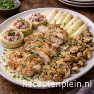 Zwezerikschotel met witte aspergepunten op een rustieke houten tafel.