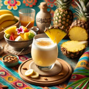 Een tropische cocktail genaamd 'Barbados', geserveerd in een stijlvol glas met een romige lichtgele kleur. Het drankje is gemaakt met rum, banaan, ananassap en amandelsiroop, gegarneerd met een stuk verse ananas en een vleugje gemalen amandelen. De tafel is versierd met levendige tropische textiel, een schaal met vers fruit en feestelijke accenten zoals een decoratief palmblad. De achtergrond toont een zonnige Caribische setting met rustiek hout, natuurlijke texturen en vrolijke details.