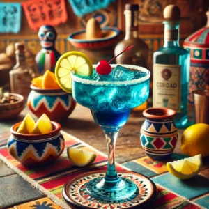 Een elegante cocktail genaamd 'Blue Bossa', geserveerd in een verfijnd glas met een diepe blauwe kleur. Het drankje is gemaakt van tequila, blue curaçao, maraschino-likeur, citroensap en limoensap. Het glas is gegarneerd met een maraschino-kers en een schijfje citroen. De tafel is gedecoreerd met kleurrijke Mexicaanse textiel, een kleine kleikom met citrusvruchten en feestelijke accenten zoals een decoratieve sombrero. De achtergrond toont een levendige Mexicaanse setting met rustieke houten accenten, terracottategels en zacht natuurlijk licht.