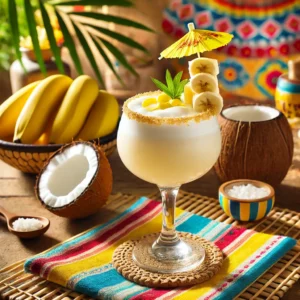 Een tropische cocktail genaamd 'Coconut Carnaval', geserveerd in een stijlvol hoog glas met een romige witte uitstraling. Het drankje is gemaakt met kokoslikeur, banaan, kokosmelk en een scheutje citroensap, gegarneerd met een plakje verse banaan op de rand. De tafel is gedecoreerd met kleurrijke tropische textiel, een schaaltje met kokosnoten en feestelijke details zoals een decoratief palmblad. De achtergrond toont een zonnige tropische setting met natuurlijke houten accenten en vrolijke decoraties. Er is geen tekst zichtbaar op glazen of andere items.