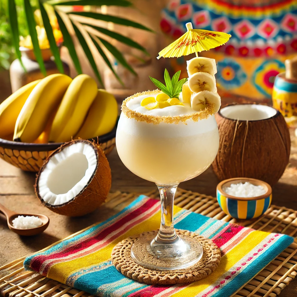 Een tropische cocktail genaamd 'Coconut Carnaval', geserveerd in een stijlvol hoog glas met een romige witte uitstraling. Het drankje is gemaakt met kokoslikeur, banaan, kokosmelk en een scheutje citroensap, gegarneerd met een plakje verse banaan op de rand. De tafel is gedecoreerd met kleurrijke tropische textiel, een schaaltje met kokosnoten en feestelijke details zoals een decoratief palmblad. De achtergrond toont een zonnige tropische setting met natuurlijke houten accenten en vrolijke decoraties. Er is geen tekst zichtbaar op glazen of andere items.