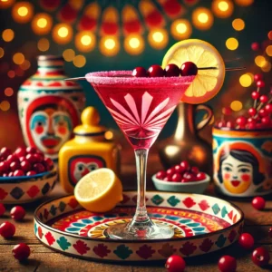 Cosmopolitan cocktail in een martiniglas, gegarneerd met een schijfje citroen, een maraschinokers en een vleugje frambozenpuree.