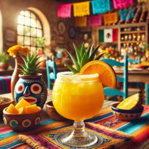 Een levendige Mexicaanse tropische drank, geserveerd in een stijlvol glas zonder zichtbare tekst. De drank heeft een heldere gouden-oranje kleur en is gegarneerd met een schijfje sinaasappel en een klein stuk ananas. De tafel is gedecoreerd met kleurrijke Mexicaanse textiel en traditionele aardewerken decoraties, wat zorgt voor een feestelijke en vrolijke uitstraling. De achtergrond toont een rustieke Mexicaanse keuken met terracottategels, warm natuurlijk licht en levendige decoraties.