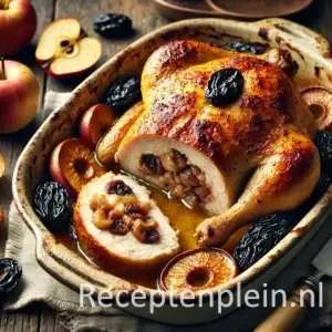 Gevulde kip met pruimen en appels op rustieke houten tafel