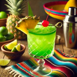 Een levendige Mexicaanse cocktail genaamd 'Green Hornet', geserveerd in een hoog glas met een heldergroene kleur. Het drankje is gegarneerd met een verse ananaspart en een maraschinokers op een kleurrijke cocktailprikker. Het glas staat op een rustieke houten tafel met een decoratief Mexicaans tafelkleed. De tafel is omringd door feestelijke elementen, zoals een kom met limoenpartjes, een cocktailshaker en een sombrero op de achtergrond, met warm natuurlijk licht dat de frisse en feestelijke uitstraling benadrukt.