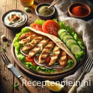 Gyros van Mechelse koekoek met pita en salade op rustieke houten tafel