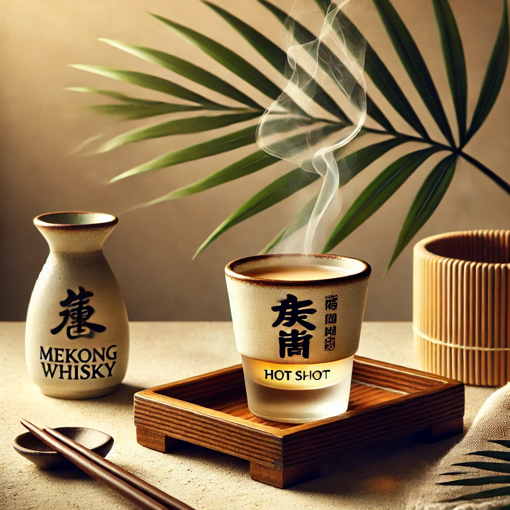 Een tropische drank genaamd 'Hot Shot', geserveerd in een traditioneel saké-kommetje. Het drankje combineert warme saké en Mekong whisky, met subtiele stoom die de warmte benadrukt. De tafel is eenvoudig gedecoreerd met een palmblad en een kleine houten dienblad. De achtergrond toont natuurlijke elementen zoals bamboetexturen en zacht natuurlijk licht, wat een rustige en exotische sfeer oproept. Er is geen tekst zichtbaar op het kommetje of andere items.