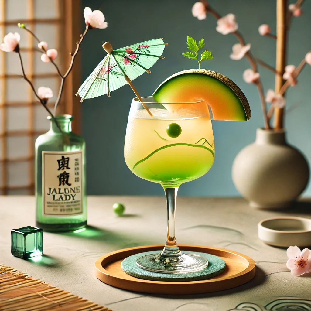 Een elegante cocktail genaamd 'Japanese Lady', geserveerd in een verfijnd glas met een zachte lichtgroene kleur. Het drankje is gemaakt van meloenlikeur, vers Galia-meloensap en een vleugje citroensap. Het glas is gegarneerd met een klein stukje meloen en een decoratief parapluutje. De tafel is eenvoudig gedecoreerd met Japanse invloeden, zoals bamboe onderzetters en kersenbloesemaccenten. De achtergrond straalt een serene en verfijnde sfeer uit met zacht licht. Er is geen tekst zichtbaar op glazen of andere items.