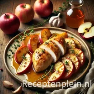 Natuurlijk ogende foodfoto van geroosterde kipfilet met gekaramelliseerde appelschijfjes en lichte ciderjus op een keramisch bord op een warm bruine houten tafel met duidelijke houtstructuur, omringd door rode appels, knoflook en verse tijm in zacht diffuus daglicht, zonder zichtbare tekst of etiketten.