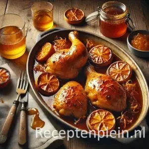Kip met marmelade en Gueuze op rustieke houten tafel