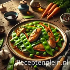 Natuurlijk ogende foodfoto van kip met peultjes en wortelreepjes in een lichte saus op een keramisch bord op een warm bruine houten tafel met duidelijke houtstructuur, omringd door verse peultjes, wortels, knoflook, sojasaus en peperkorrels in zacht diffuus daglicht.