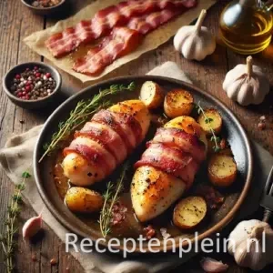 Natuurlijk ogende foodfoto van kipfilet omwikkeld met krokant spek, geserveerd met gebakken krieltjes op een keramisch bord op een warm bruine houten tafel met duidelijke houtstructuur, omringd door rauwe spekreepjes, knoflook, tijm en olijfolie in zacht diffuus daglicht.