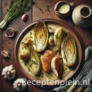 Natuurlijk ogende foodfoto van kip met gestoofd witloof in een lichte roomsaus op een keramisch bord op een warm bruine houten tafel met duidelijke houtstructuur, omringd door verse stronken witloof, knoflook en tijm in zacht diffuus daglicht zonder zichtbare tekst of etiketten.
