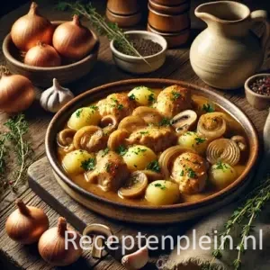 Natuurlijk ogende foodfoto van kip op Vlaamse wijze met malse kipstukken in een lichte romige saus met uien, champignons en krieltjes in een rustieke keramische schaal op een warm bruine houten tafel met duidelijke houtstructuur, omringd door verse uien, knoflook, tijm en aardappelen in zacht diffuus daglicht zonder zichtbare tekst of etiketten.