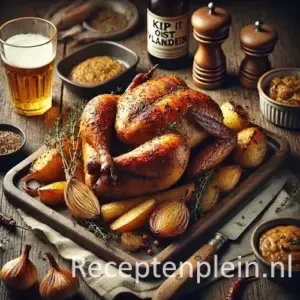 Hyper-realistische foodfoto van een hele goudbruin geroosterde hoevekip in Oost-Vlaamse stijl, geserveerd op een houten plank op een rustieke houten tafel. Rondom liggen geroosterde aardappelen, gekaramelliseerde uien en prei, afgewerkt met verse tijm en glanzende braadsappen. Op de achtergrond staan een glas Belgisch bier, een schaaltje grove mosterd, kruiden en een linnen doek in warm natuurlijk licht met een landelijke, premium food magazine uitstraling.