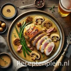 Hyper-realistische foodfoto van een opengesneden kipfilet gevuld met gebakken champignons en gerookte ham, geserveerd in een romige blond bier saus op een rustiek keramisch bord op een houten tafel. Naast de kip liggen groene boontjes en krielaardappelen, afgewerkt met verse tijm. Op de achtergrond staat een glas blond bier zonder etiket, een schaaltje saus en een linnen servet in warm natuurlijk licht met een elegante bistro-uitstraling.