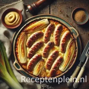 Hyper-realistische foodfoto van goudbruin gebakken kippenchipolata met lichte grillstrepen, geserveerd naast romig gegratineerde prei met een krokant goudkleurig kaaskorstje in een keramische ovenschaal op een rustieke houten tafel. Op de achtergrond staan een schaaltje mosterd, extra gegratineerde prei, bestek en een linnen doek, vastgelegd in warm natuurlijk licht met een gezellige, huiselijke premium food magazine uitstraling.