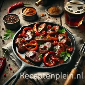 Hyper-realistische foodfoto van gebakken kippenlevertjes met plakjes chorizo en geroosterde rode paprika in een glanzende donkere biersaus, geserveerd in een gietijzeren pan op een rustieke houten tafel. Het gerecht is afgewerkt met verse peterselie en omringd door een glas donker bier zonder etiket, schaaltjes peper en mosterd en een linnen doek, vastgelegd in warm sfeervol avondlicht met een bistro-achtige premium food magazine uitstraling.