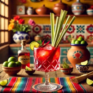 Een levendige Mexicaanse cocktail genaamd 'Lemongrass Cocktail', geserveerd in een elegant glas met een helderrode kleur. Het drankje is gemaakt met citroengraslikeur, gin en cranberrysap, gegarneerd met verse sprietjes citroengras. De tafel is versierd met kleurrijke Mexicaanse textiel, traditionele kleipotten en feestelijke accenten zoals een schaaltje verse limoenpartjes. De achtergrond toont een levendige Mexicaanse keuken met terracottategels, warm natuurlijk licht en vrolijke decoraties. Er is geen tekst zichtbaar op glazen, flessen, muren of andere oppervlakken.