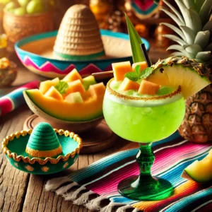 Een tropische Mexicaanse cocktail genaamd 'Melon Madness', geserveerd in een helder glas met een levendig groene kleur. Het drankje is gemaakt van meloenlikeur, bananenlikeur, vers meloensap en gepureerde banaan, gegarneerd met een stuk ananas en een schijfje galiameloen. De tafel is gedecoreerd met kleurrijke Mexicaanse textiel, een decoratieve schaal met tropisch fruit en feestelijke accenten zoals een mini-sombrero. De achtergrond toont een warme, zonnige Mexicaanse setting met rustieke houten oppervlakken en levendige decoraties die een vrolijke fiesta-sfeer oproepen.