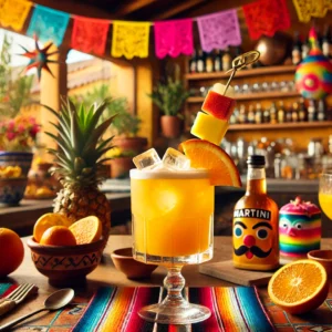 Een kleurrijke Mexicaanse cocktail genaamd 'Rum Runners', geserveerd in een hoog glas met een gouden-oranje kleur. Het drankje is gemaakt van witte rum, Martini Bianco, ananassap, sinaasappelsap en een scheutje citroensap. Het glas is gegarneerd met een schijfje sinaasappel en een stuk ananas op een decoratieve cocktailprikker. De tafel is versierd met kleurrijke Mexicaanse textiel, een schaaltje met citrusvruchten en feestelijke decoraties zoals een mini-piñata. De achtergrond toont een warme Mexicaanse keuken met terracottategels, heldere kleuren en natuurlijk zonlicht voor een levendige en feestelijke sfeer.