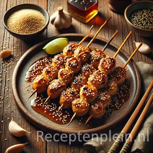 Natuurlijk ogende foodfoto van Japanse kipspiesjes met lichte teriyakisaus en geroosterd sesamzaad op een keramisch bord op een warm bruine houten tafel met duidelijke houtstructuur, omringd door sesamzaad, knoflook, sojasaus, limoen en chopsticks in zacht diffuus daglicht.