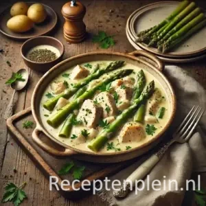 Hyper-realistische foodfoto van Mechels zooiketeltje met malse stukken kip in een romige saus met witte en groene asperges, afgewerkt met verse peterselie en kervel. Het gerecht wordt geserveerd in een rustieke keramische ovenschaal op een houten tafel, met een schaaltje gekookte aardappeltjes, verse asperges, een linnen doek en een lepel in warm natuurlijk daglicht met een elegante, landelijke premium food magazine uitstraling.