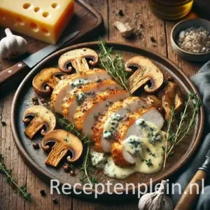 Natuurlijk ogende foodfoto van Mechelse koekoek met gesmolten Roquefort en gebakken oesterzwammen op een keramisch bord op een warm bruine houten tafel met duidelijke houtstructuur, omringd door een stuk blauwe kaas, verse paddenstoelen, knoflook en tijm in zacht diffuus daglicht.