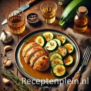 Natuurlijk ogende foodfoto van Mechelse koekoek met gebakken courgette en lichte whiskysaus op een keramisch bord op een warm bruine houten tafel met duidelijke houtstructuur, omringd door knoflook, tijm, een glas whisky en verse courgette in zacht diffuus daglicht.