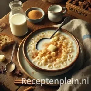 Natuurlijk ogende foodfoto van ouderwetse melksoep met vermicelli, kaneel en een klontje boter in een diepe keramische kom op een warm bruine houten tafel met duidelijke houtstructuur, omringd door een fles melk, suiker, kaneelstokjes en een linnen doek in zacht diffuus daglicht.