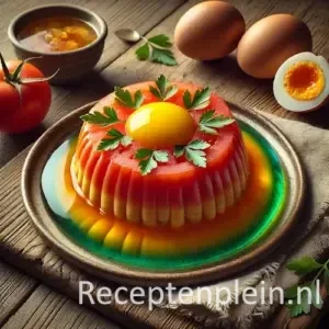 Natuurlijk ogende foodfoto van een mimosatomaat gevuld met fijngehakt ei op een kleurrijke spiegel van kipgelei op een keramisch bord op een warm bruine houten tafel met duidelijke houtstructuur, omringd door tomaten, gekookte eieren, peterselie en een schaaltje bouillon in zacht diffuus daglicht.