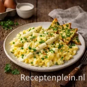 Roerei met asperges op een rustieke houten tafel