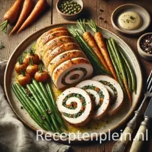 Roulade van Mechelse koekoek met fijne groenten op rustieke houten tafel.